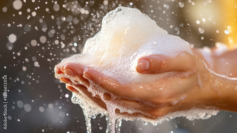 Fototapeta premium The texture of foamy soap on the surface of wet hands.