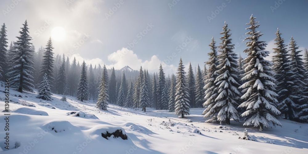 Obraz premium Snow-covered pine trees in the Romanian Carpathian mountains, winter, Romania, snow