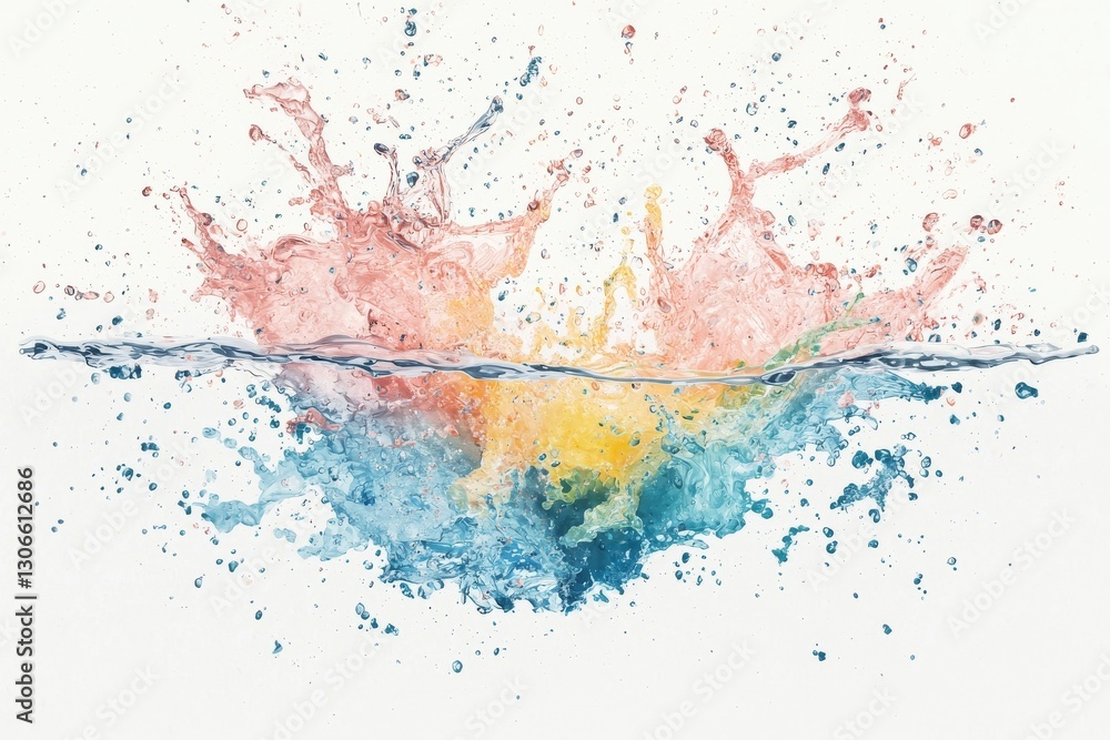 Fototapeta premium Curved waves and colorful patterns are formed by the abstract circle liquid motion flow explosion, which is set on a white background with scattered paint drops