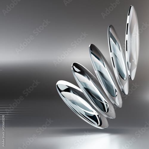 Colorful futuristic 3D illustration with mirrored glass or metal ellipses floating in a semicircle arc along a line on a gradient background. Unusual conceptual object for background