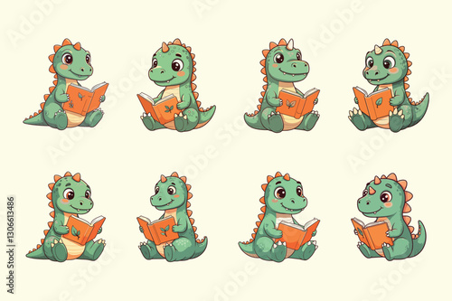 Reading Cute Dinosaur Enjoying a Storybook Vector Illustration
