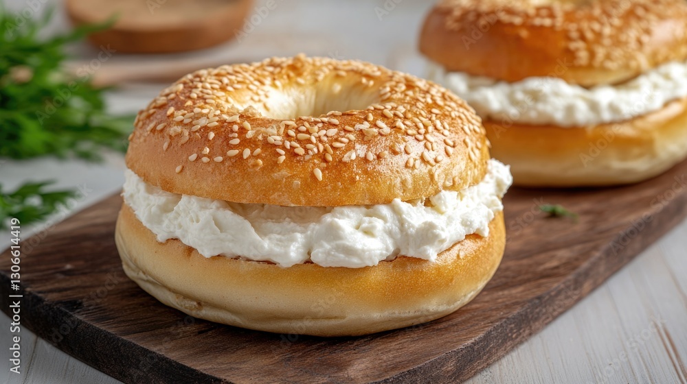 Two freshly made bagels with cream cheese are displayed together Two freshly made bagels with cream cheese are displayed together