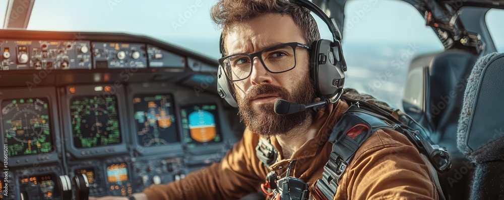 Pilot in Cockpit with Headset and Serious Expression During Flight Pilot in Cockpit with Headset and Serious Expression During Flight
