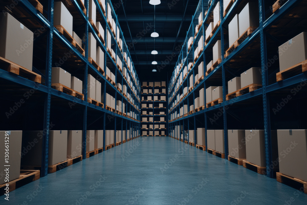 Fototapeta premium modern warehouse with organized shelves and stacked boxes. Order fulfillment solutions visualized with glowing