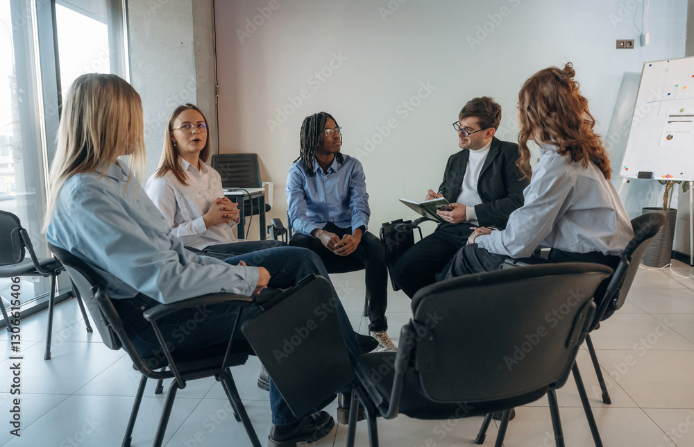 Sitting and talking. People are in group psychological support room together Sitting and talking. People are in group psychological support room together