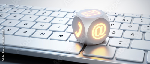 Fotografía Illuminated dice with communication  symbols on white keyboard - 3D illustration