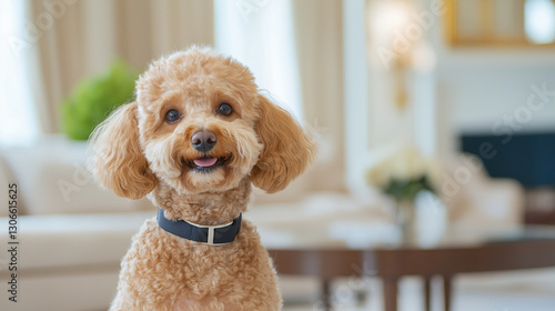 a smiling poodle sitting indoors.
