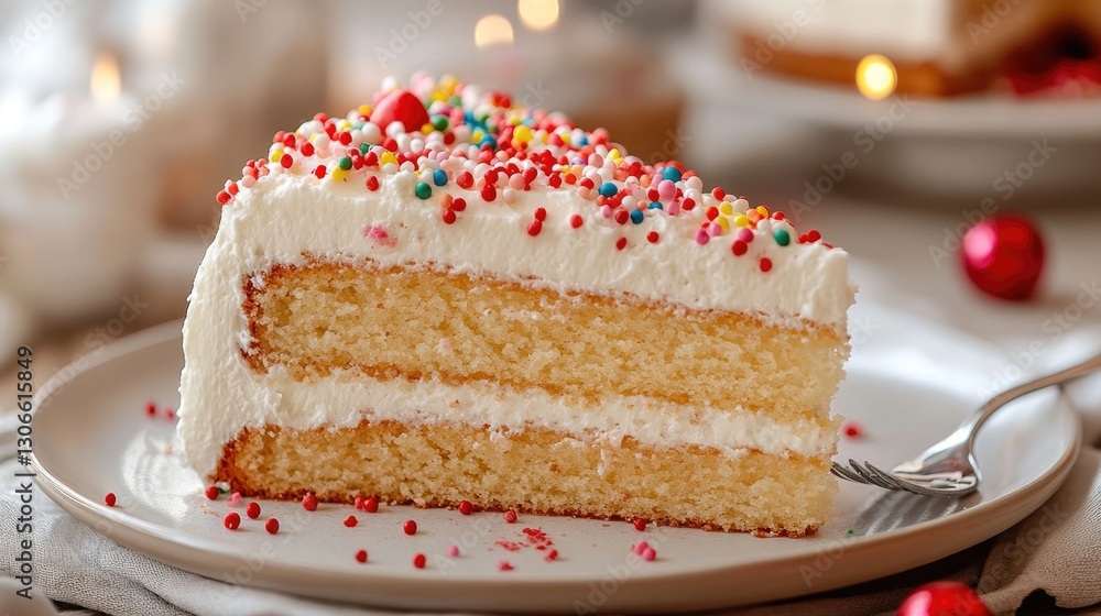 A delicious slice of cake topped with colorful sprinkles on a plate