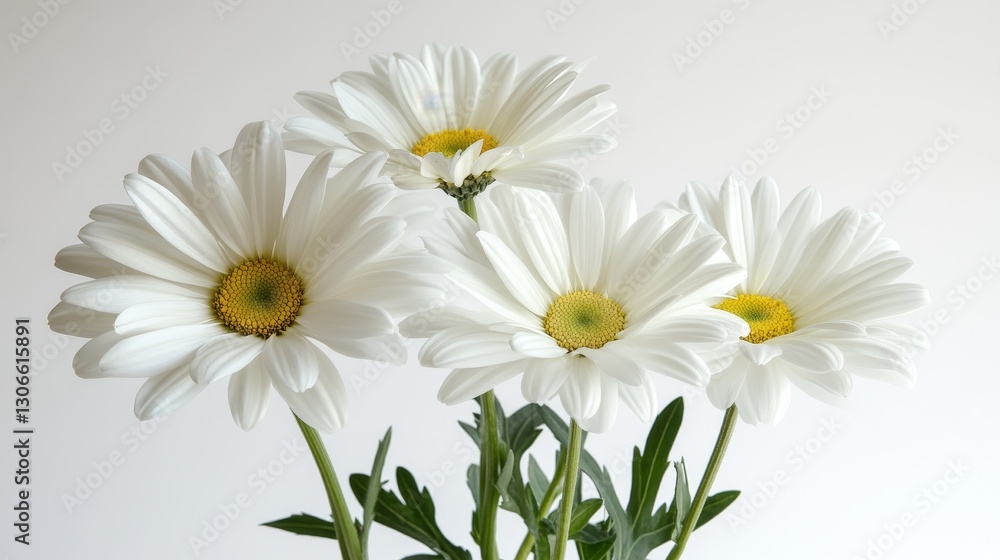 Fototapeta premium Five White Shasta Daisies on Green Stems, Large Flower Heads on Bright Copy Space Background