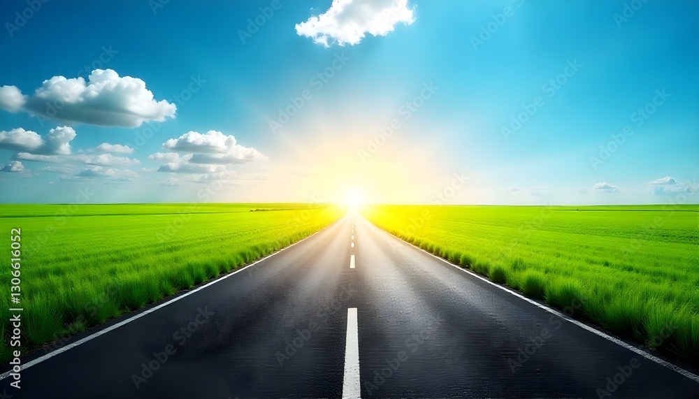 A long asphalt road stretches into the distance, flanked by vibrant green fields under a bright, partly cloudy sky A long asphalt road stretches into the distance, flanked by vibrant green fields under a bright, partly cloudy sky