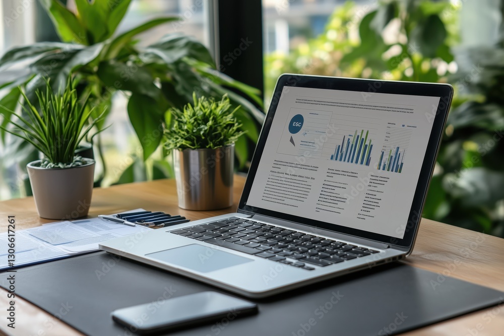 Corporate auditor workspace highlighting sustainability reports and green initiatives for ESG compliance