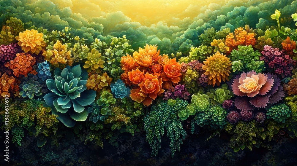 Fototapeta premium Colorful succulent garden, vibrant flowers, sunlit background, nature wallpaper
