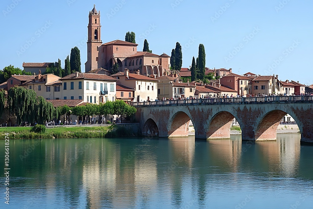 Obraz premium Medieval town spans river with arched stone bridge