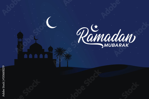 Ramadan background with night view of a mosque silhouette in the desert. It is good for greeting card, Islamic religious celebrations, such as Ramadan, Eid al Fitr, Eid al Adha, etc.