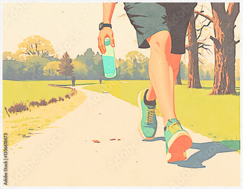 Vivid Vintage Jogging Park Scene - Digital Watercolor