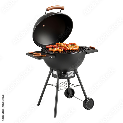 Black Spherical Kettle Grill Cooking Sausages on Grate