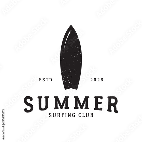 surfing logo with vintage paddle board beach waves, for business, sport, adventure, tourism, vacation