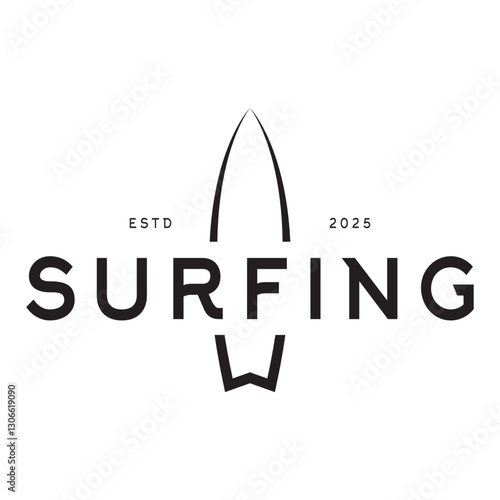 surfing logo with vintage paddle board beach waves, for business, sport, adventure, tourism, vacation