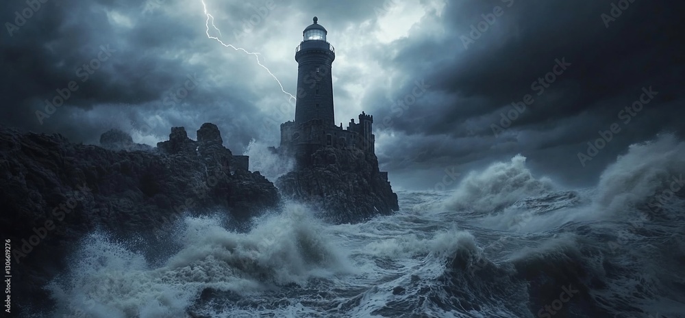 Fototapeta premium Lighthouse Stormy Sea Coast Dramatic Scene