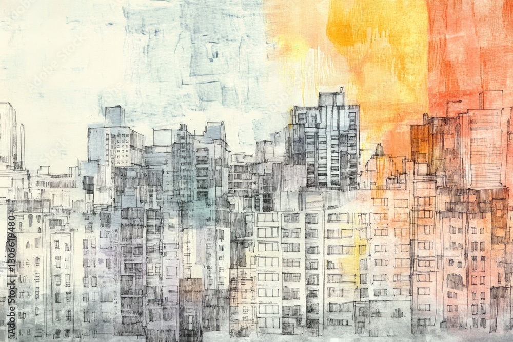 Fototapeta premium Urban skyline merges soft hues with bold colors, showcasing dyna