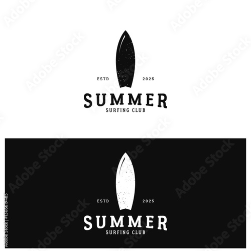 surfing logo with vintage paddle board beach waves, for business, sport, adventure, tourism, vacation