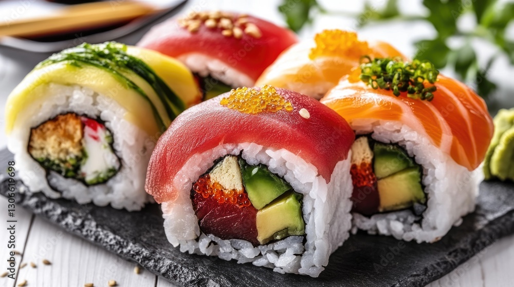 Freshly prepared sushi rolls presented on a dark serving plate Freshly prepared sushi rolls presented on a dark serving plate