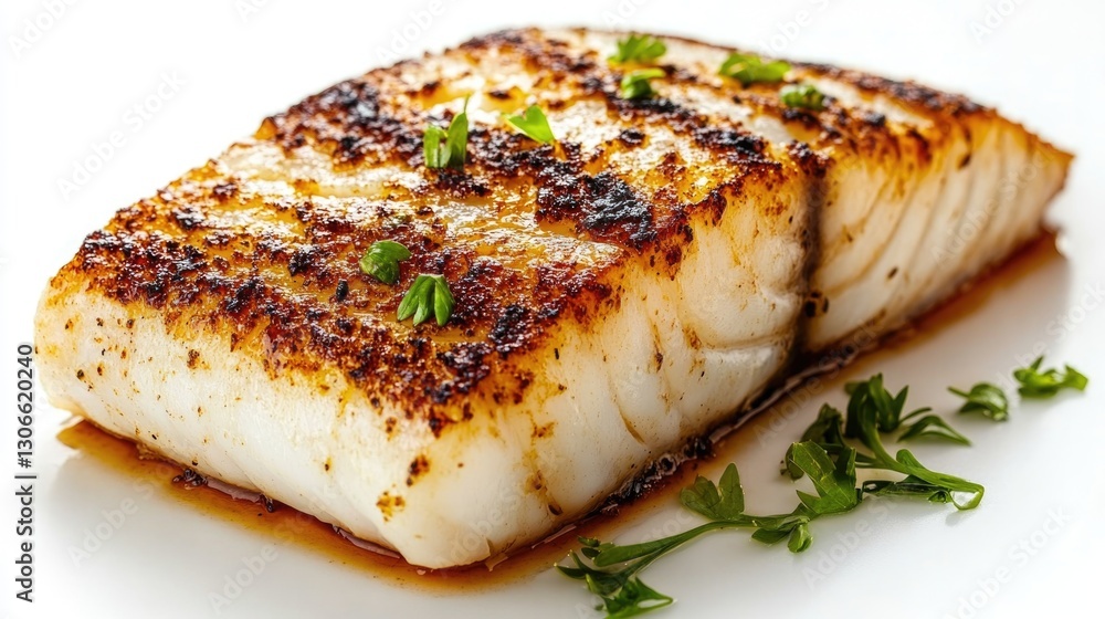 A cooked fillet of white fish presented on a surface A cooked fillet of white fish presented on a surface