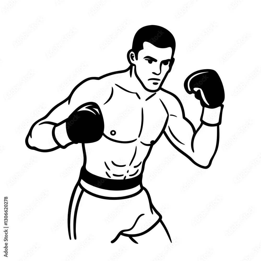 Fototapeta premium Boxer in fighting pose determined athlete with gloves, ready for competition strength and boxing stance, outline illustration