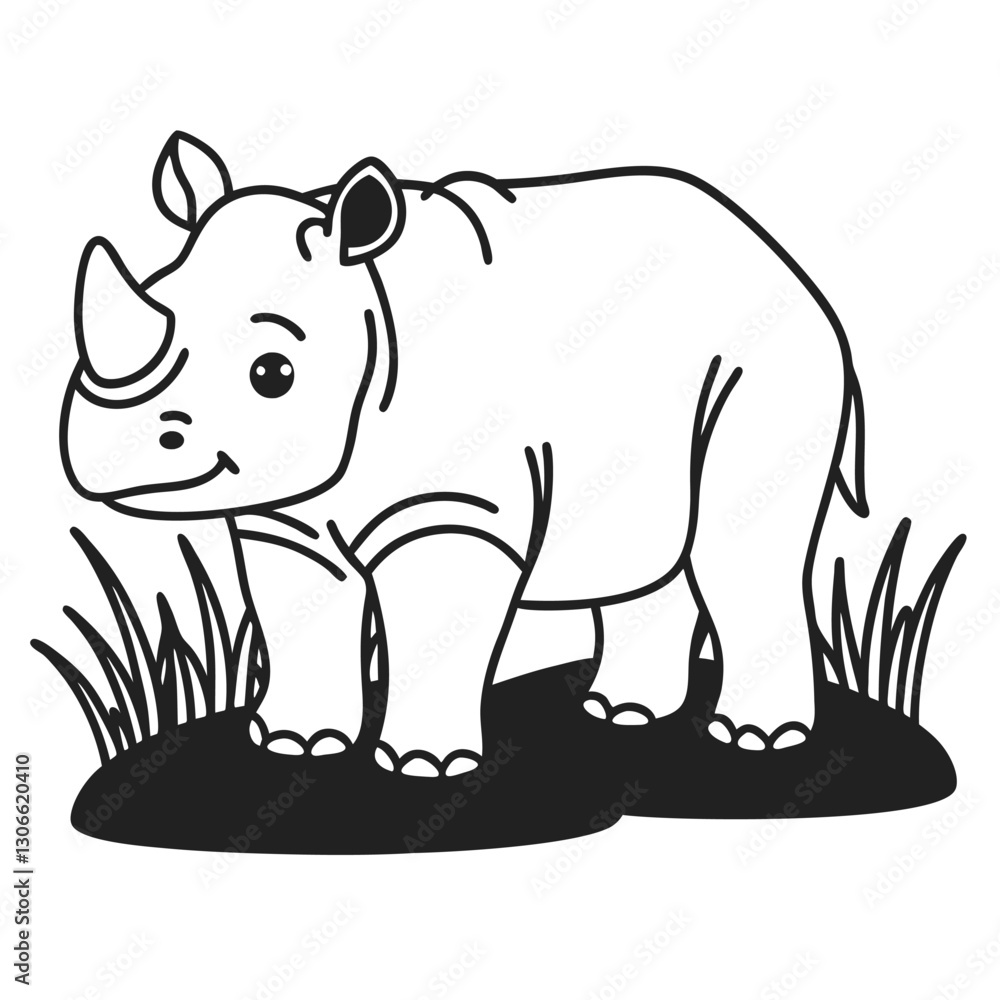 Fototapeta premium Cute rhino illustration in black and white, standing amid grass animal design with playful expression and simple lines