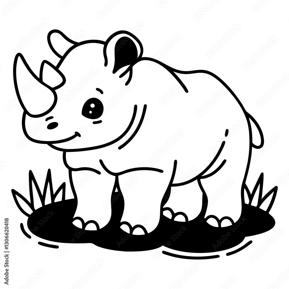 Fototapeta premium rhino illustration on grass cute baby rhinoceros, adorable animal sketch in black and white