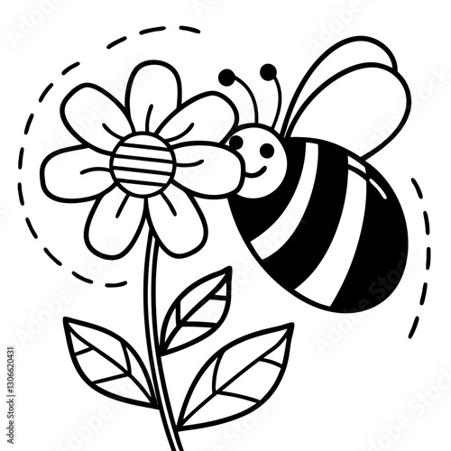 smiling bee with flower black and white illustration of a bee pollinating a flower cute insect, nature doodle art design