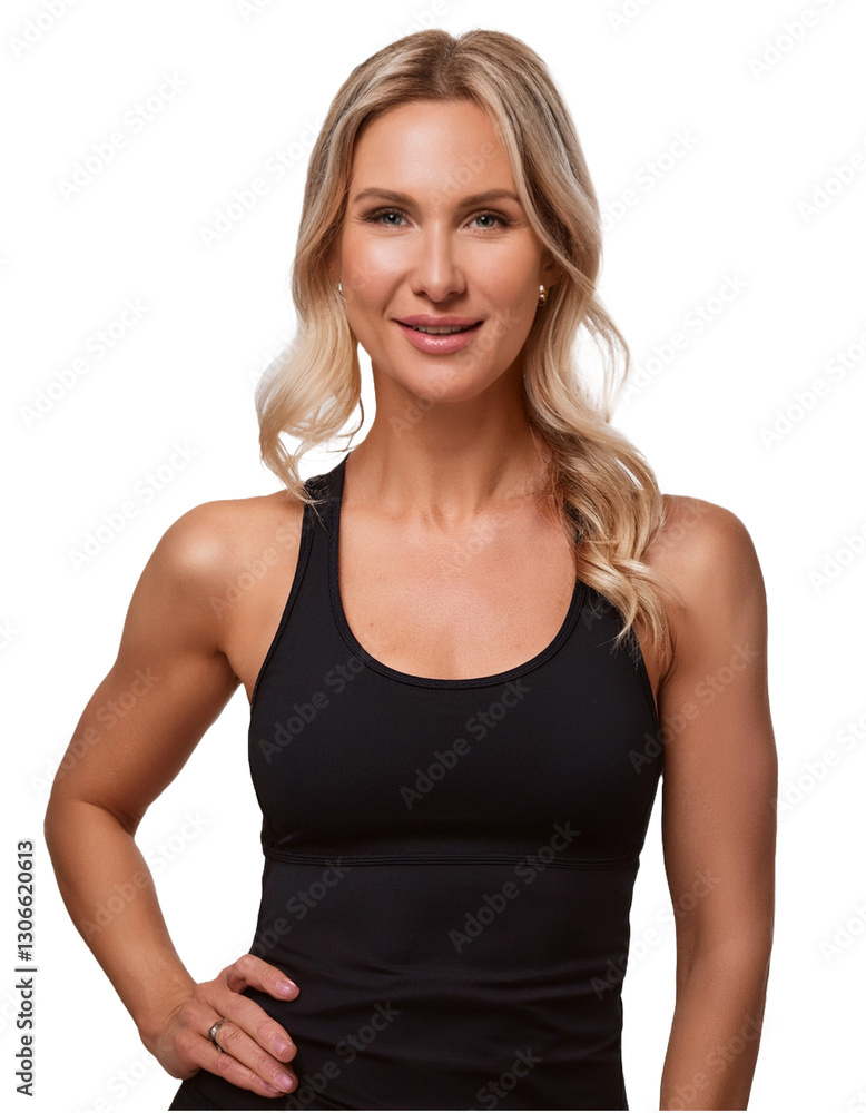 blonde woman in black sportswear smiling at camera, transparent background blonde woman in black sportswear smiling at camera, transparent background