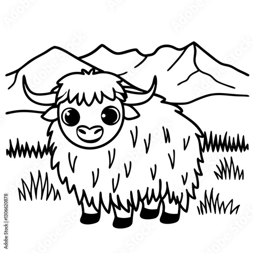 adorable yak in mountain landscape, fluffy animal illustration