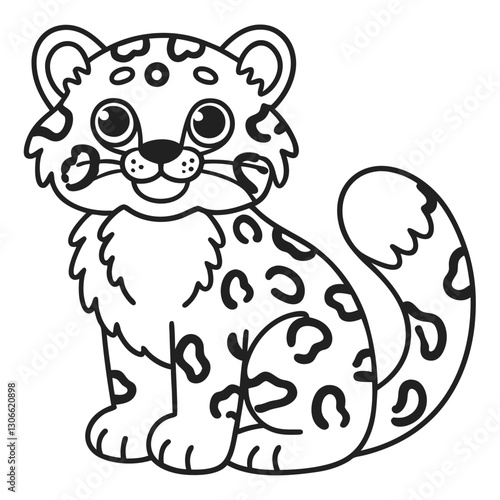 snow leopard cub cute and playful black and white illustration for coloring