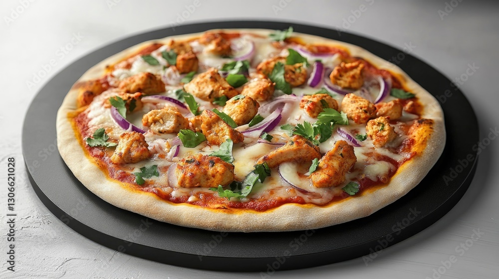 Delicious pizza topped with chicken and vegetables on a plate Delicious pizza topped with chicken and vegetables on a plate