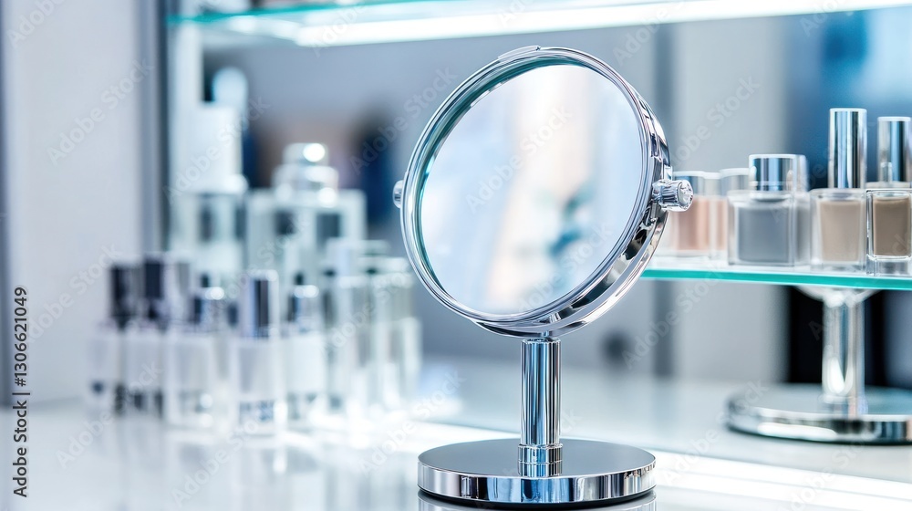 Reflective Elegance: A Close-Up of a Vanity Mirror Amidst an Array of Skincare Products Reflective Elegance: A Close-Up of a Vanity Mirror Amidst an Array of Skincare Products