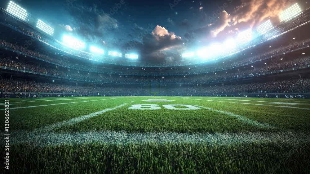 Vibrant Football Field with Illuminated Stadium at Dusk Vibrant Football Field with Illuminated Stadium at Dusk