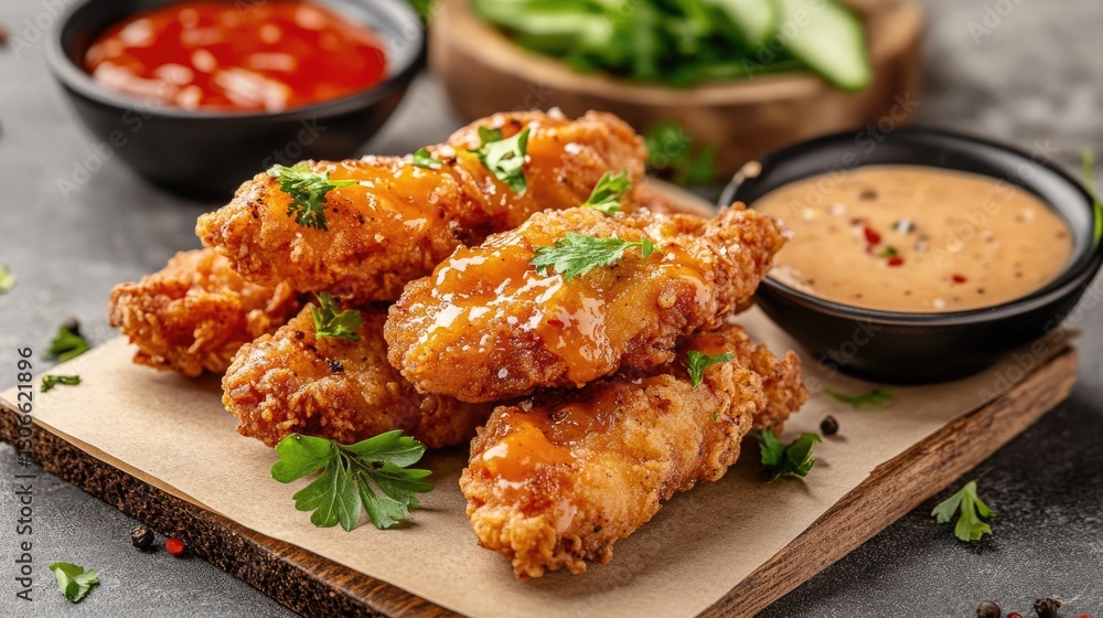 Fototapeta premium A Close Up Of Fried Chicken With Dips And Herbs