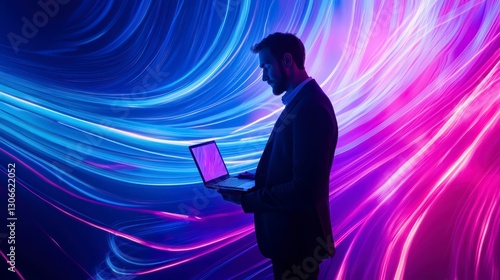 Digital Nomad: A silhouette of a businessman working on his laptop against a vibrant backdrop of blue and pink light streaks, representing the dynamic and fast-paced world of modern technology. 