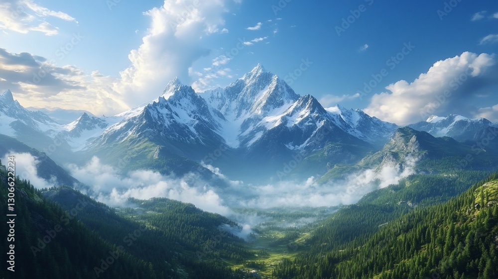 Fototapeta premium Majestic Mountain Peak, Valley Mist, Sunny Sky