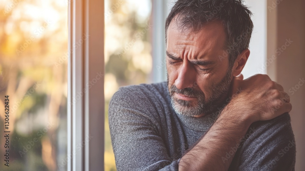 Man's Pain: Indoor Window for Sadness, Shoulder Ache. Man's Pain: Indoor Window for Sadness, Shoulder Ache.