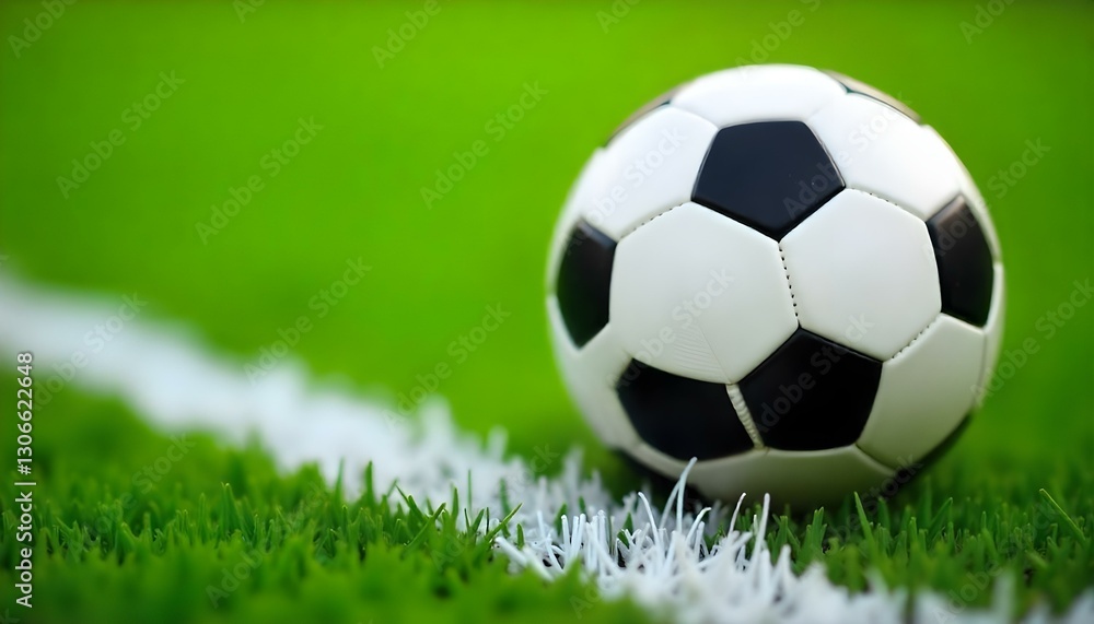 Fototapeta premium A close-up shot of a soccer ball on a green field, the ball is white with black pentagons, resting on a white line, the grass is neatly trimmed and vibrant green