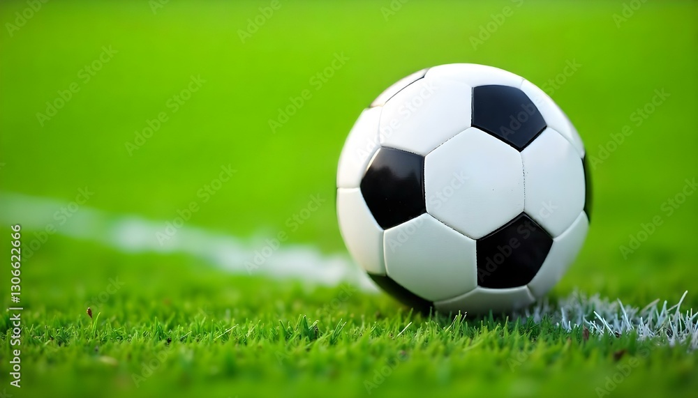 Obraz premium A close-up shot of a soccer ball on a green field, the ball is white with black pentagons, resting on a white line, the grass is neatly trimmed and vibrant green