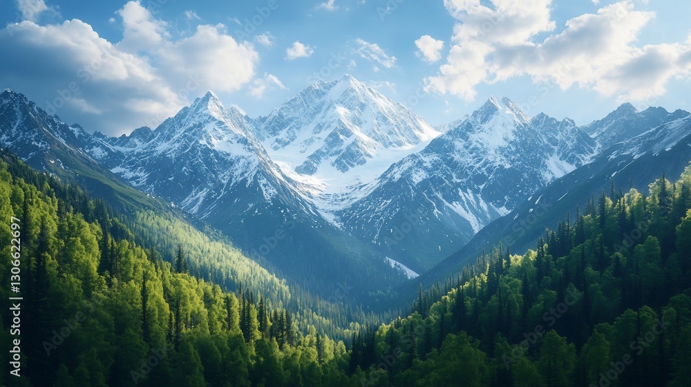 Majestic snow-capped mountains, lush valley Majestic snow-capped mountains, lush valley