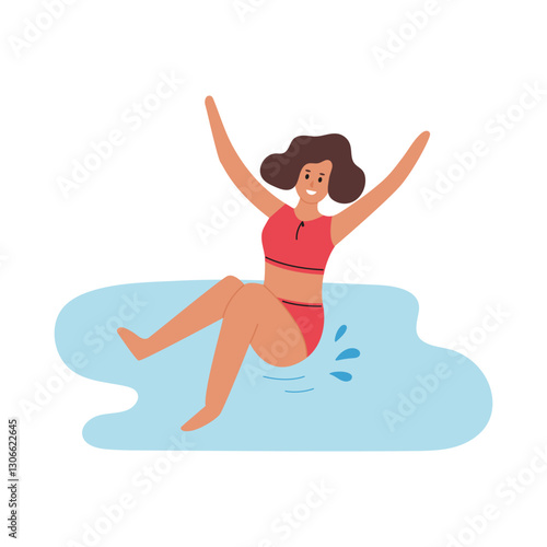 Young happy woman jumping to sea or pool