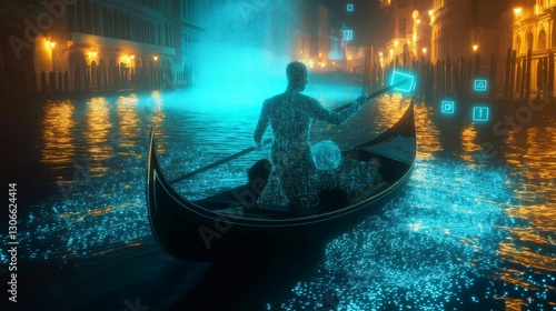 Cybernetic gondolier navigating glowing river in futuristic venice