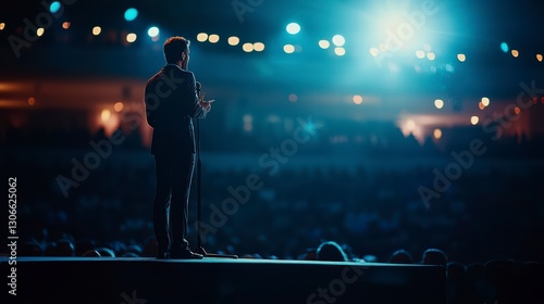 Rhetoric on Stage: Captivating silhouette of a speaker commanding attention. delivering a motivational message from center stage, the atmospheric lighting accentuates the power of the message.