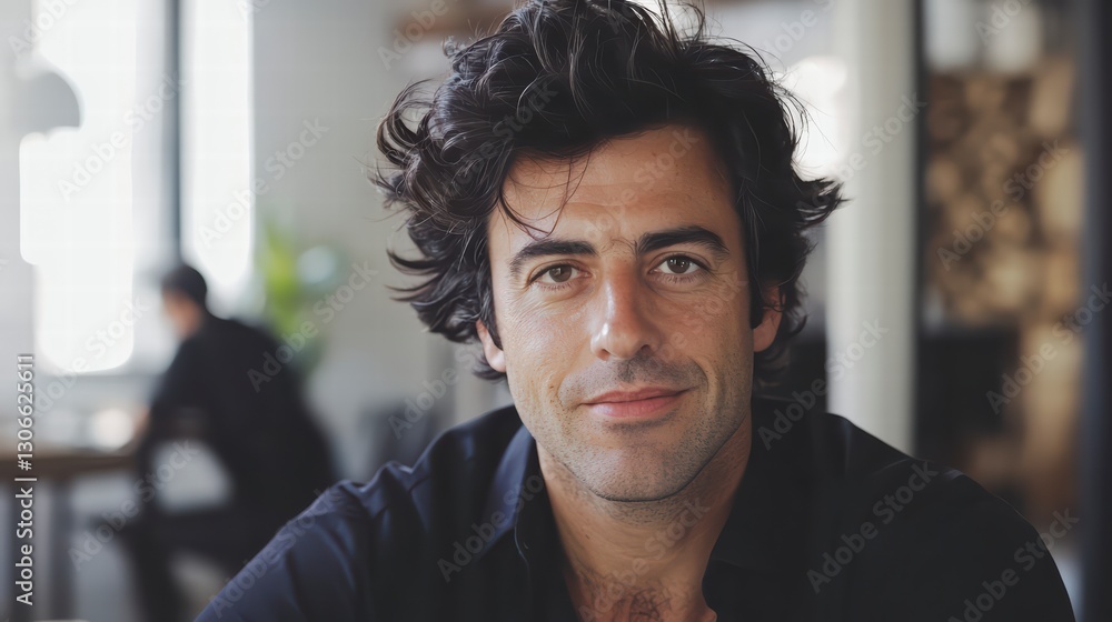 Obraz premium Confident Man Portrait: A close-up portrait of a handsome man with dark, tousled hair, conveying confidence and approachability.