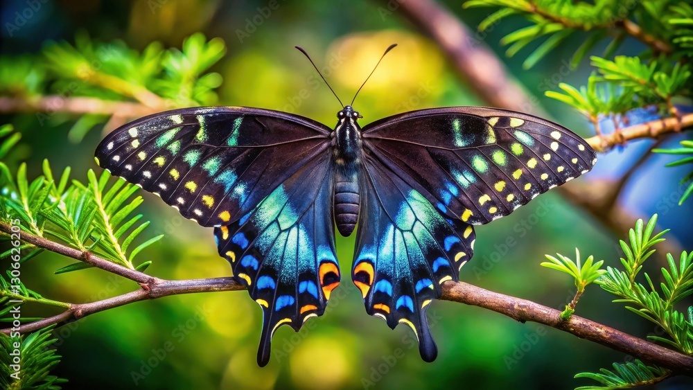 Naklejka premium Vibrant iridescent butterfly perched on a branch amidst lush green foliage, showcasing exquisite wing details and natural beauty