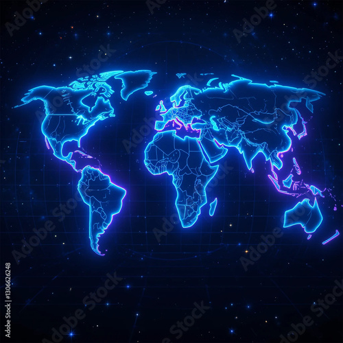 Futuristic Sci-Fi World Map with Bright Neon Lights and Digital Grid, High-Tech Cyber Earth for Data, AI, and Virtual Reality Concepts